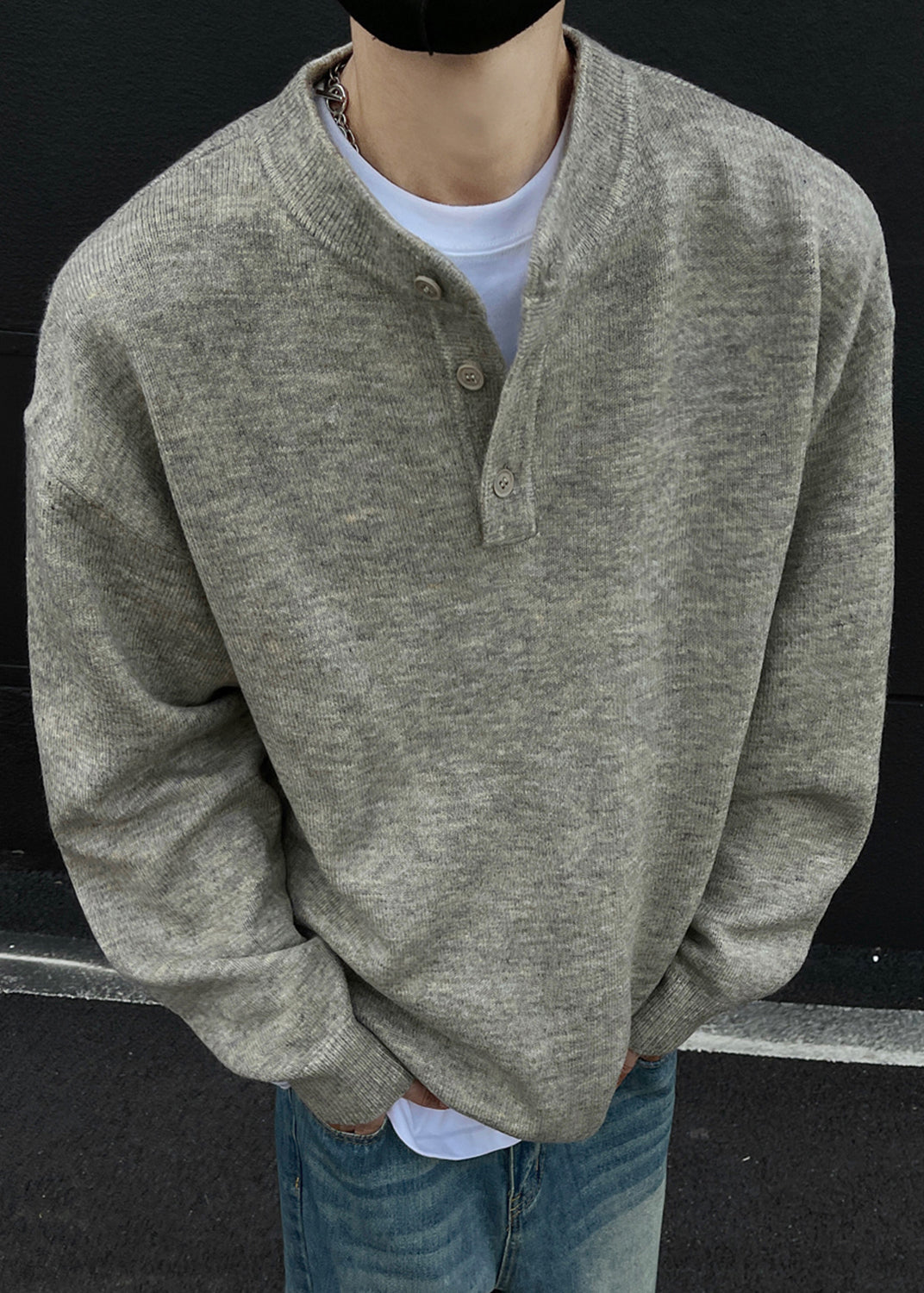 Loose Grey Button Solid Knit Men Sweaters Spring TK014