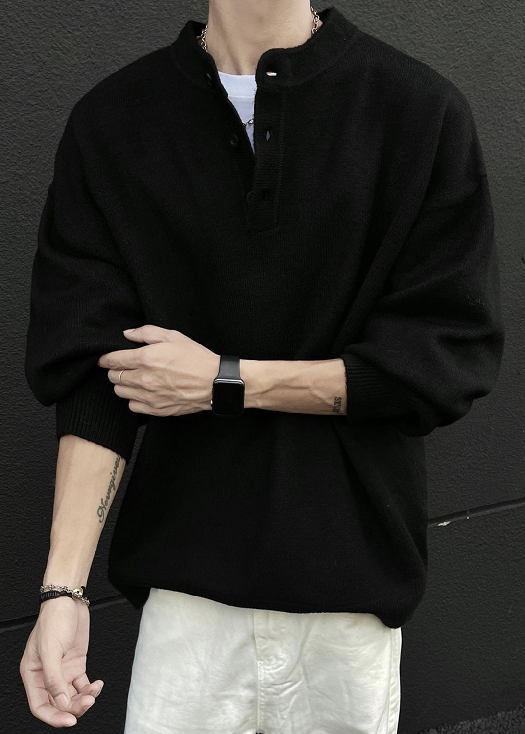 Loose Grey Button Solid Knit Men Sweaters Spring TK014