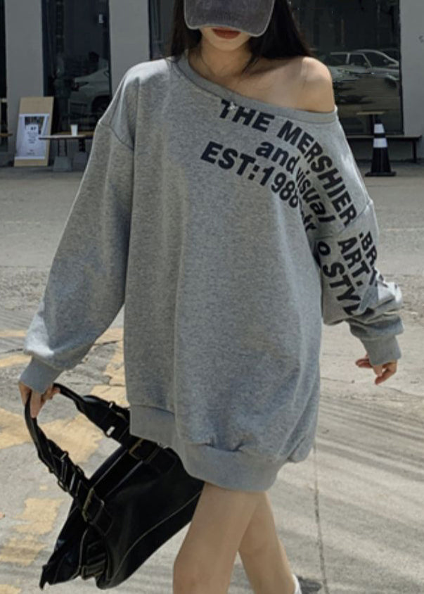Cotton Spring Letter Print Grey Cold Sweatshirt Loose Shoulder