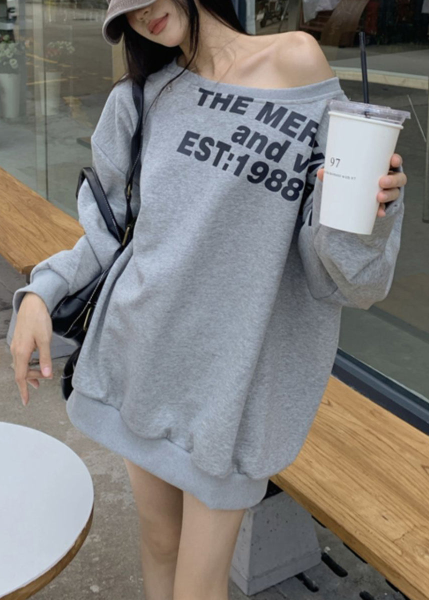 Spring Loose Cold Sweatshirt Grey Cotton Shoulder Letter Print
