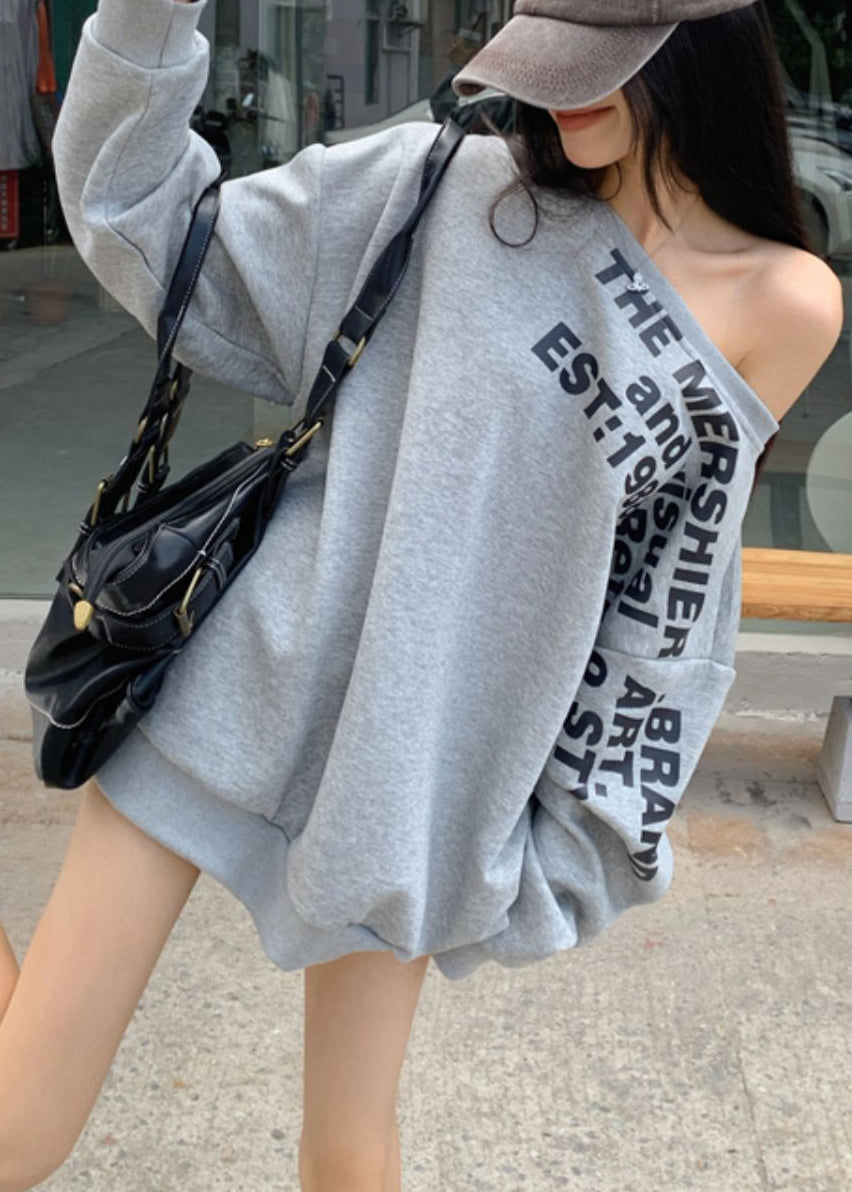 Spring Loose Cold Sweatshirt Grey Cotton Shoulder Letter Print