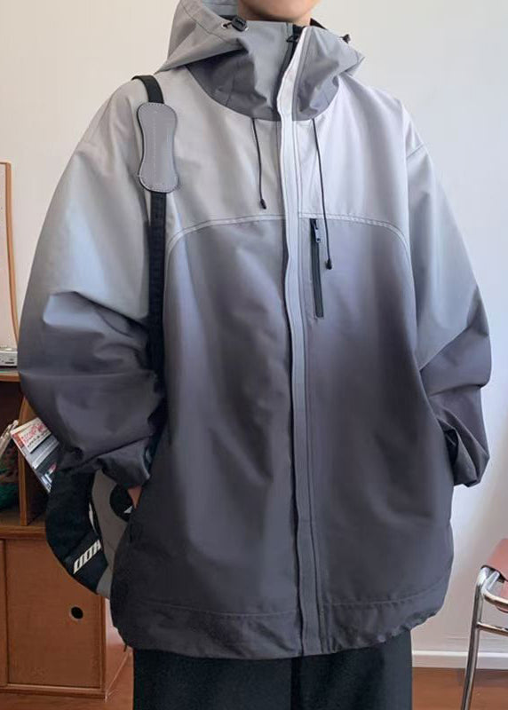 Gradient Coats Zippered Cotton Color Loose Hooded Grey Mens