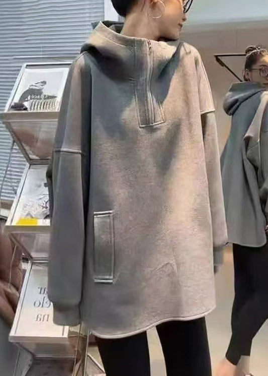 Hooded Zippered Grey Loose Spring Cotton Sweatshirts