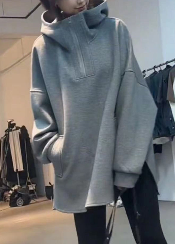 Hooded Zippered Grey Loose Spring Cotton Sweatshirts