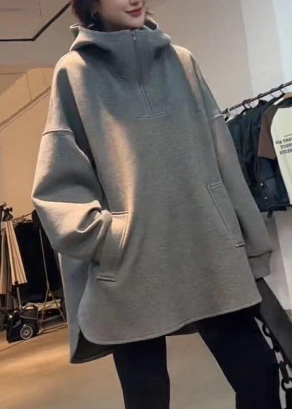 Hooded Zippered Grey Loose Spring Cotton Sweatshirts