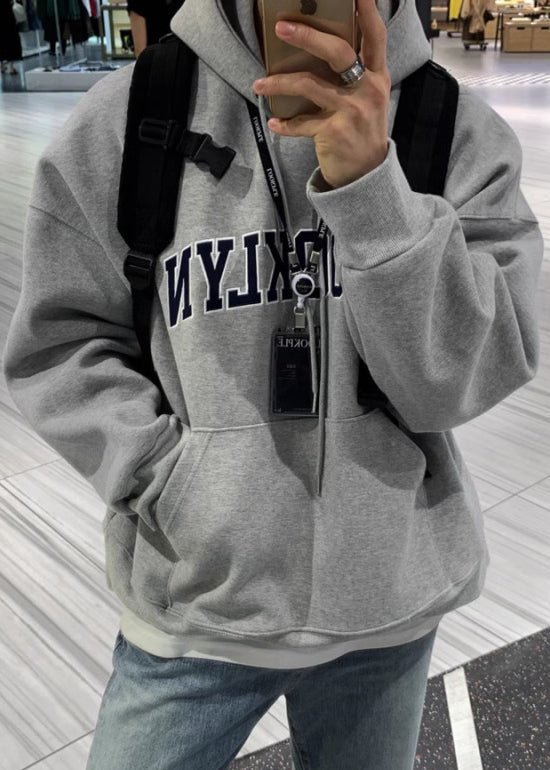 Loose Grey Letter Pockets Warm Fleece Men Sweatshirts Spring YQ025