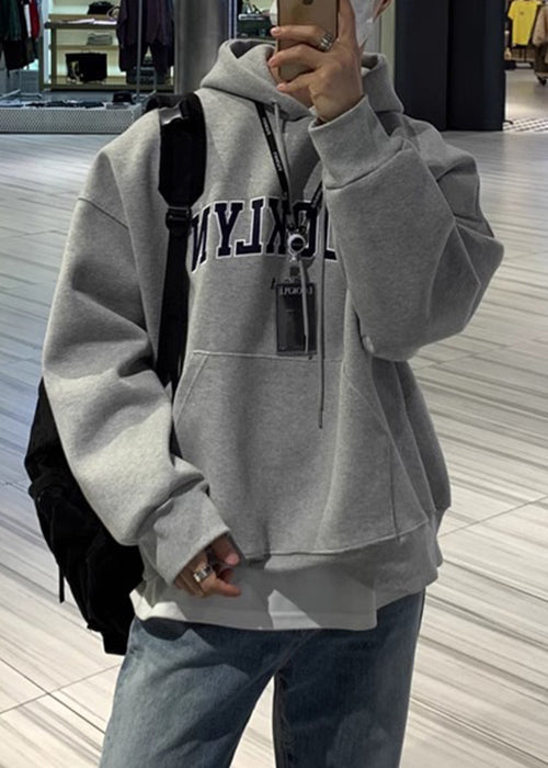 Loose Grey Letter Pockets Warm Fleece Men Sweatshirts Spring YQ025