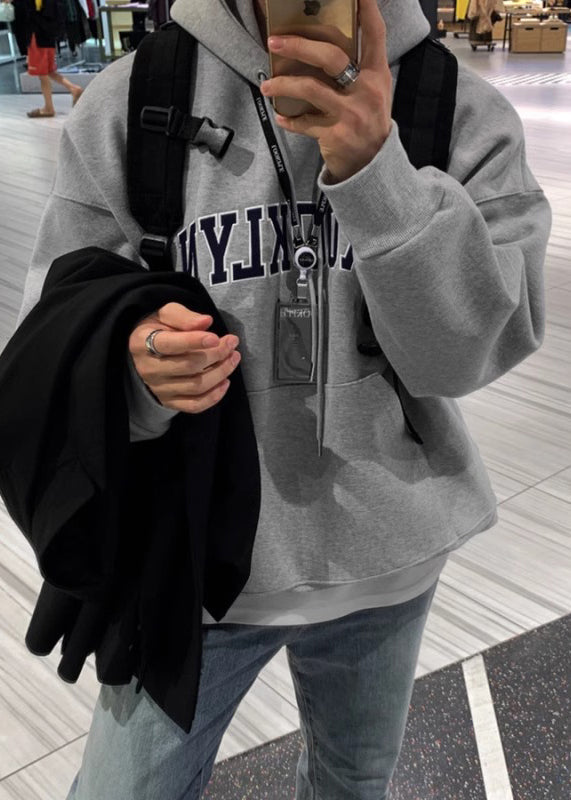 Loose Grey Letter Pockets Warm Fleece Men Sweatshirts Spring YQ025