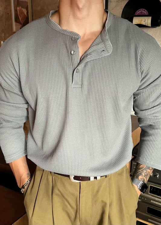 O Neck Spring Grey Men Loose Cotton Button T Shirts Solid