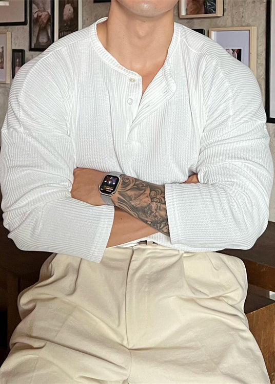 O Neck Spring Grey Men Loose Cotton Button T Shirts Solid