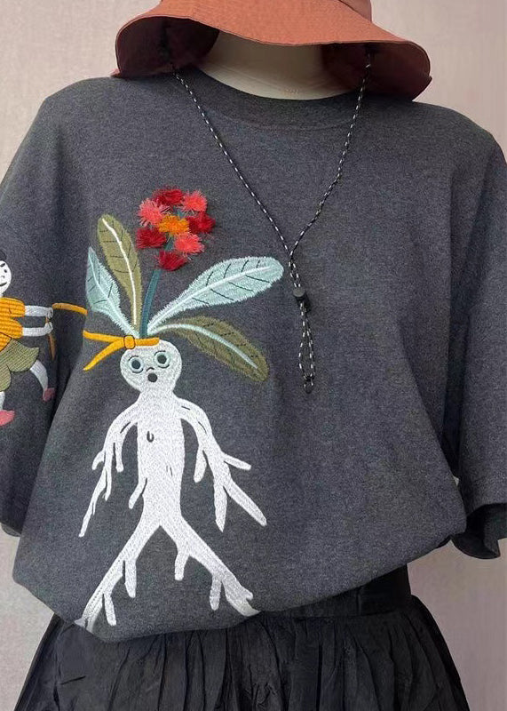 Loose Grey O-Neck Embroidered Cotton T Shirt Summer YH022