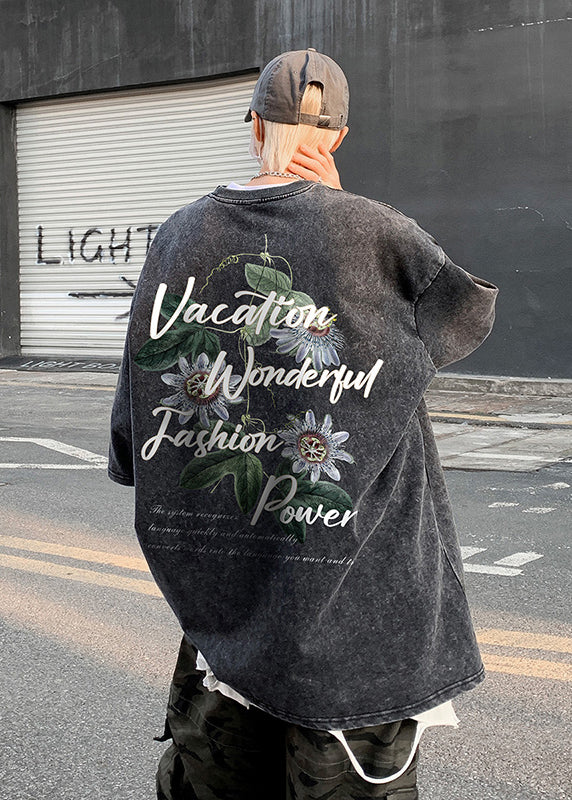 Summer Print T Loose Neck Men Shirt O Grey Cotton