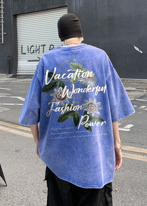 Summer Print T Loose Neck Men Shirt O Grey Cotton