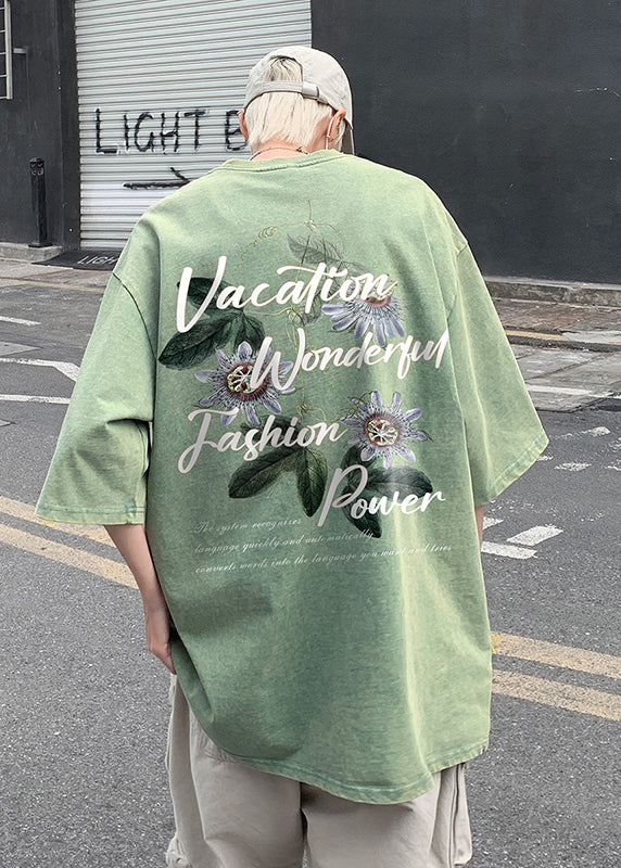 Summer Print T Loose Neck Men Shirt O Grey Cotton