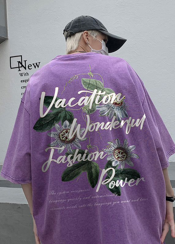 Summer Print T Loose Neck Men Shirt O Grey Cotton