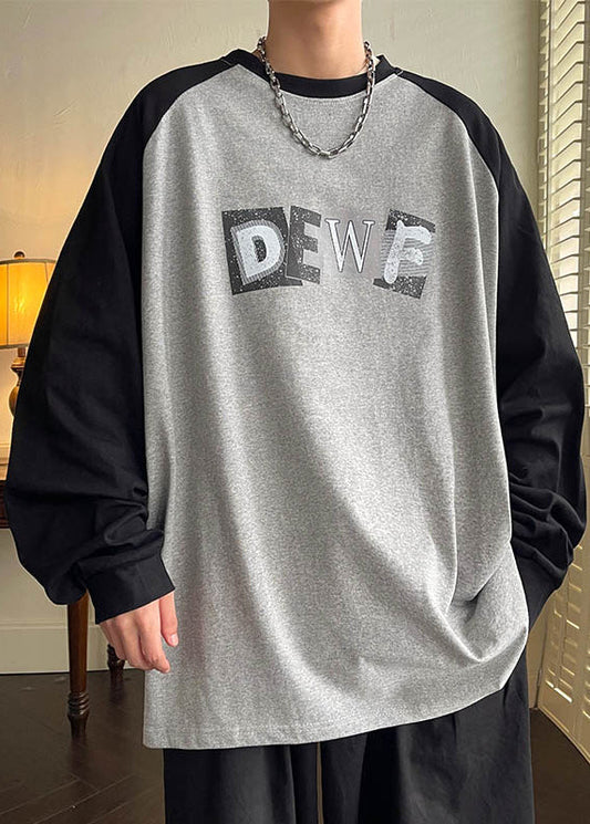 Shirt Spring Men Neck Loose T Cotton Patchwork Print Grey O