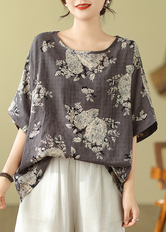 Short Loose T Shirt Print O-Neck Sleeve Grey