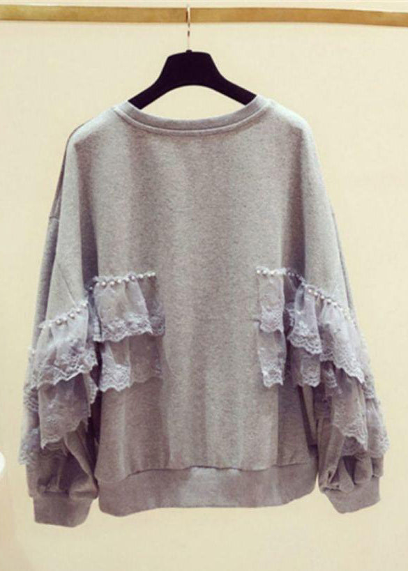 Loose Grey Pearl Lace Patchwork Cotton Streetwear Spring TD031
