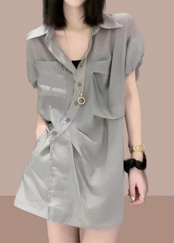 Loose Grey Peter Pan Collar Button Cotton Two Piece Set Summer GH1023