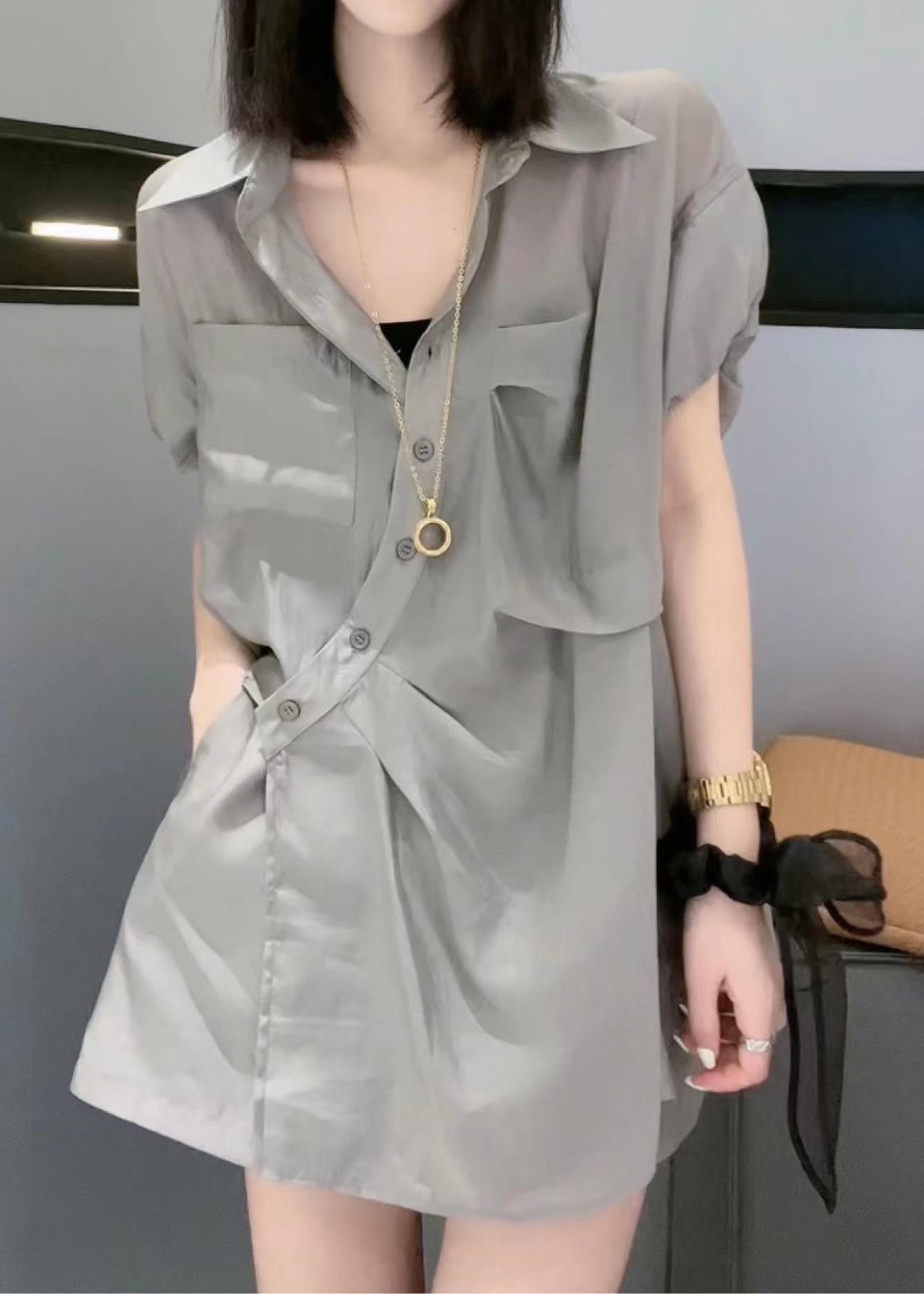 Loose Grey Peter Pan Collar Button Cotton Two Piece Set Summer GH1023