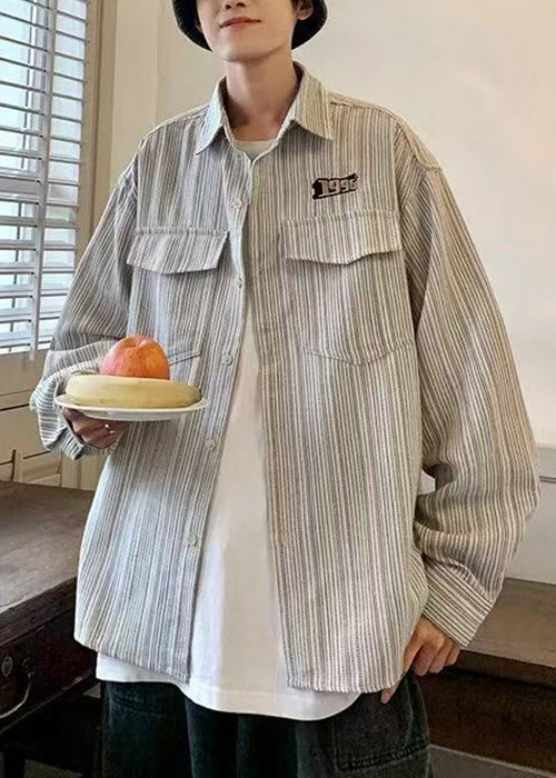 Grey Men Spring Loose Cotton Button Pockets Striped Shirt