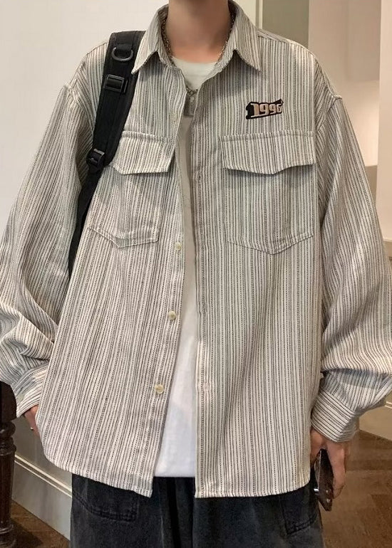 Grey Men Spring Loose Cotton Button Pockets Striped Shirt