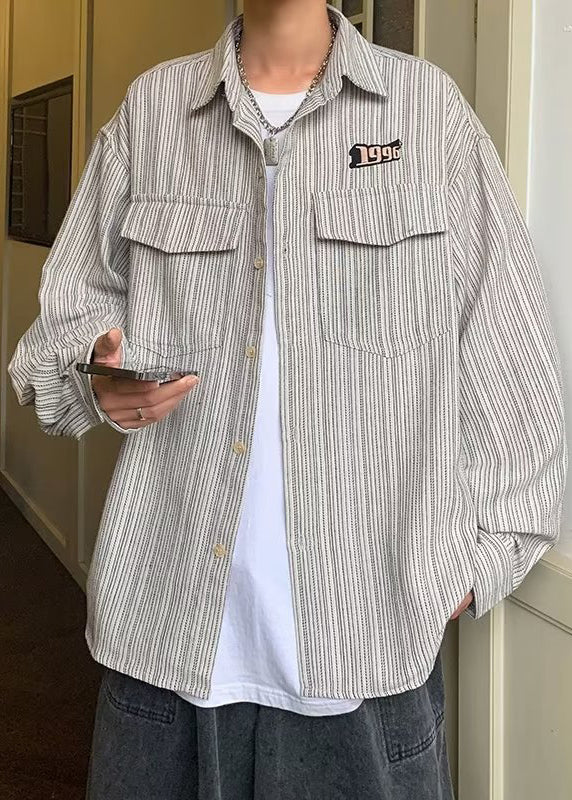 Grey Men Spring Loose Cotton Button Pockets Striped Shirt