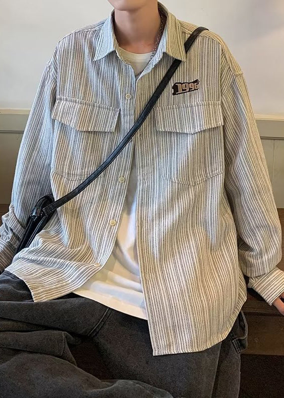 Grey Men Spring Loose Cotton Button Pockets Striped Shirt