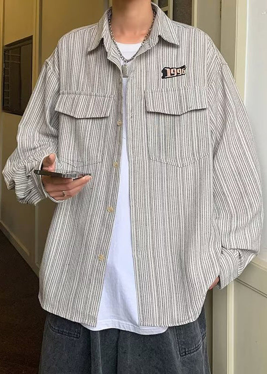 Pockets Cotton Striped Grey Shirts Men Spring Loose