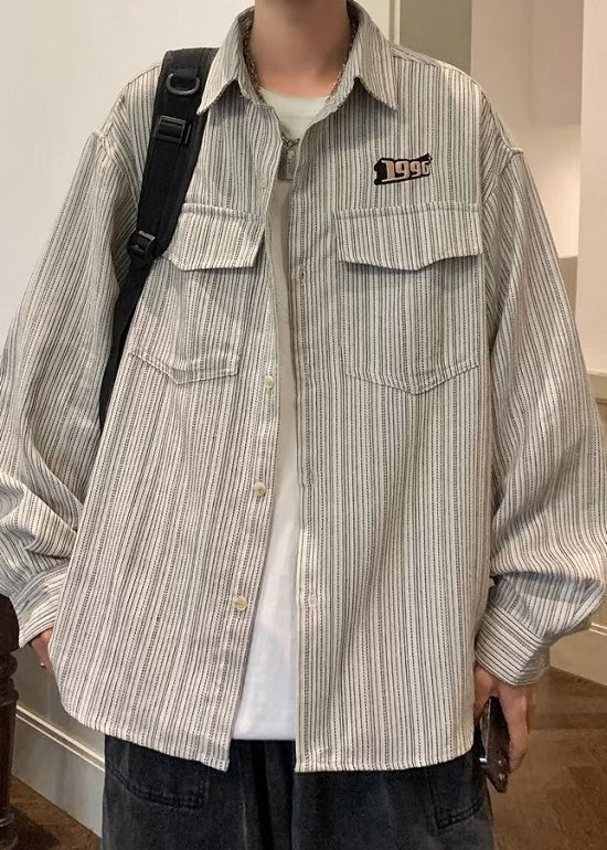 Pockets Cotton Striped Grey Shirts Men Spring Loose