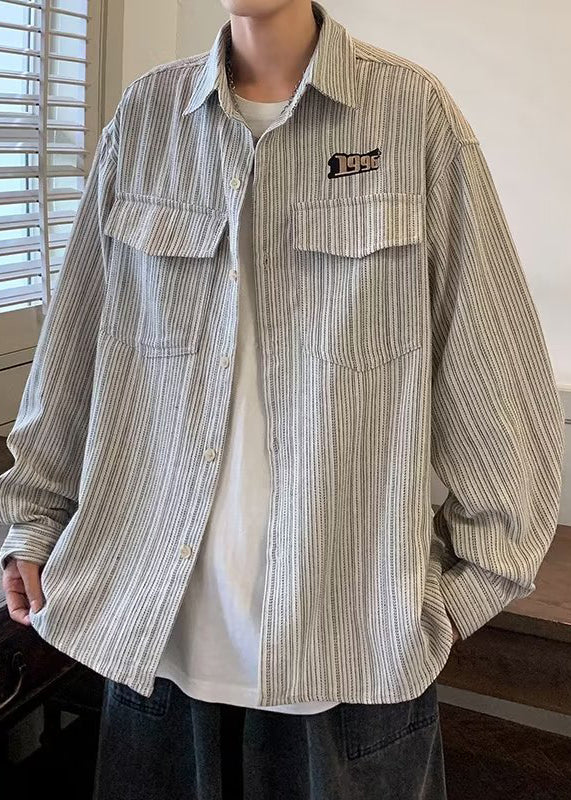 Pockets Cotton Striped Grey Shirts Men Spring Loose
