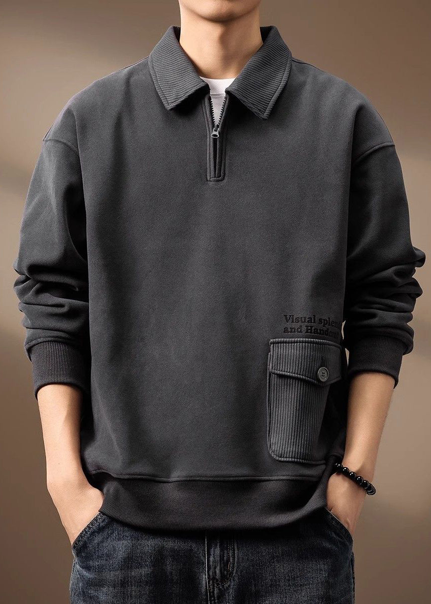 Loose Grey Zip Up Pockets Cotton Men Sweatshirt Spring TC018