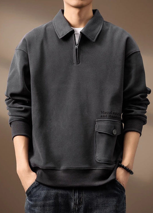 Loose Grey Zip Up Pockets Cotton Men Sweatshirt Spring TC018
