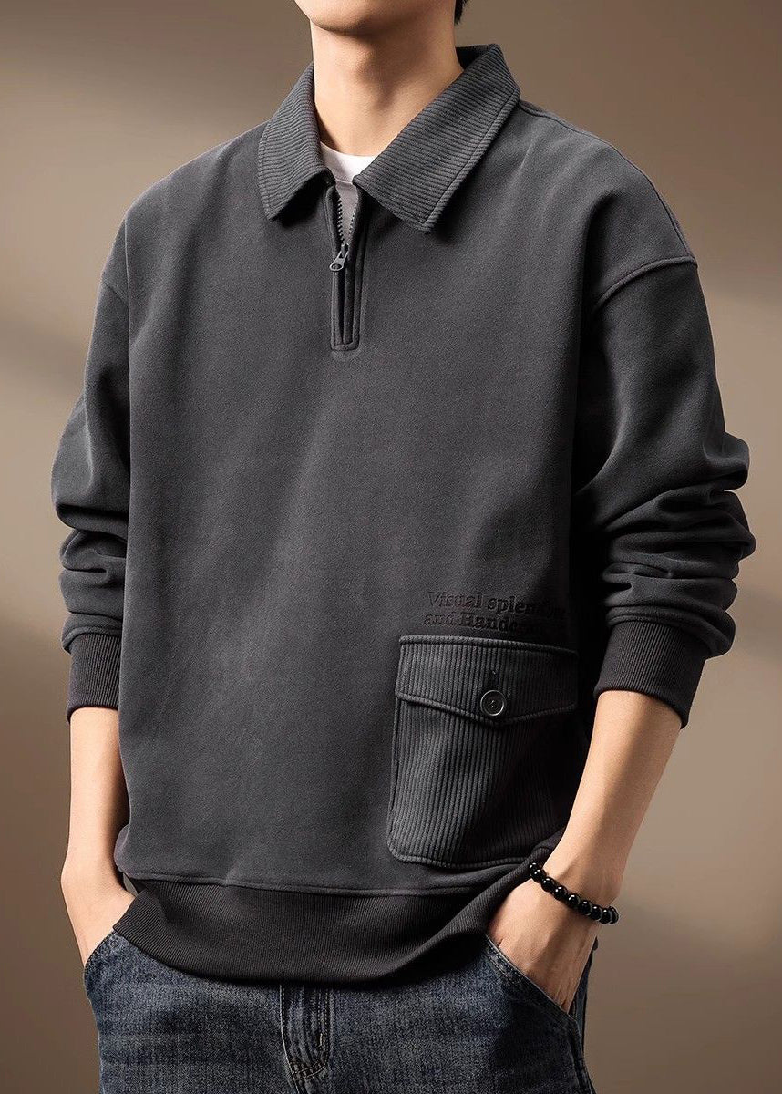 Loose Grey Zip Up Pockets Cotton Men Sweatshirt Spring TC018