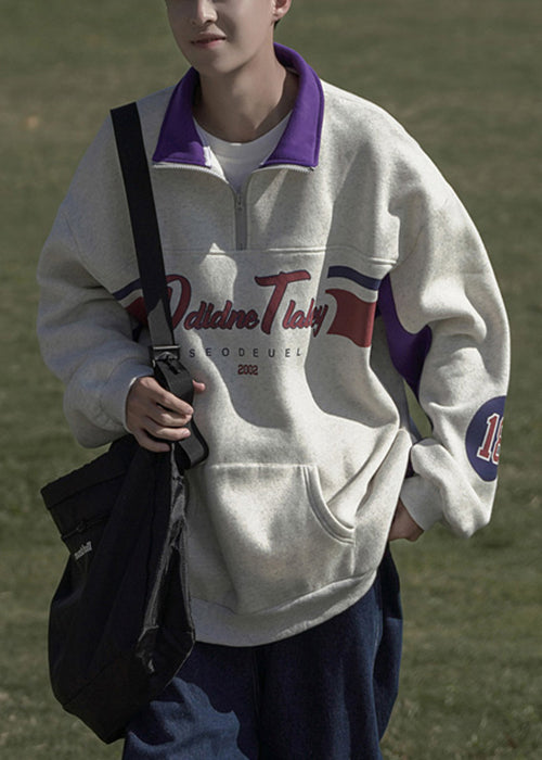 Loose Spring Sweatshirt Grey Men Cotton Zippered Pockets Print