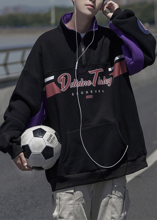 Loose Spring Sweatshirt Grey Men Cotton Zippered Pockets Print