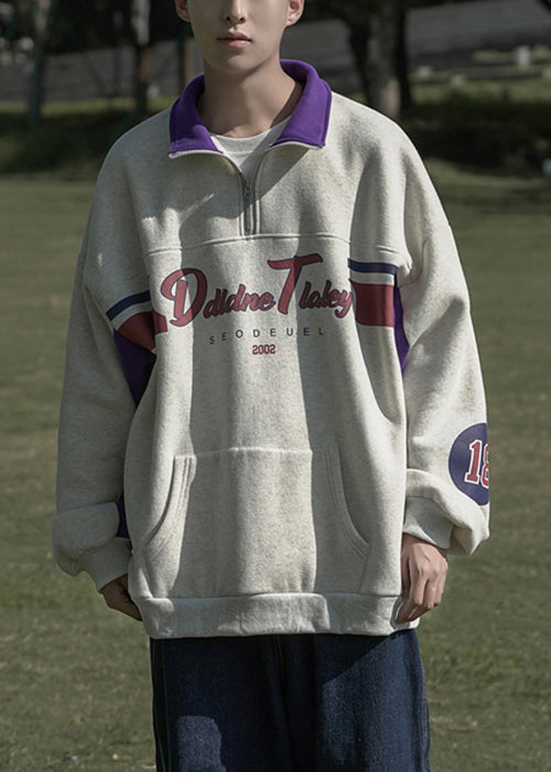 Loose Spring Sweatshirt Grey Men Cotton Zippered Pockets Print