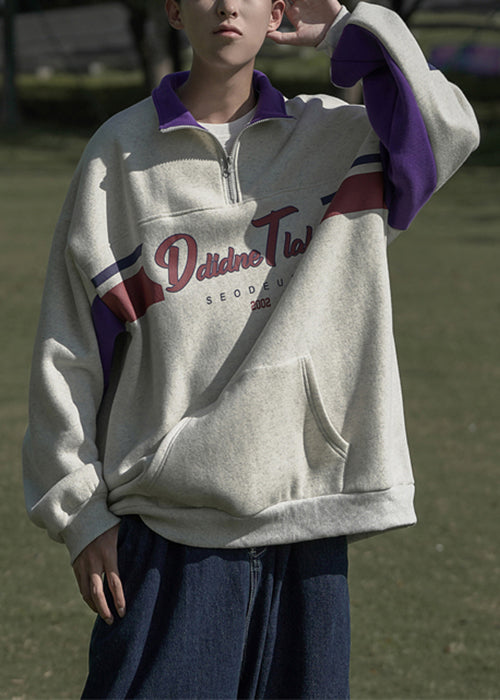 Loose Spring Sweatshirt Grey Men Cotton Zippered Pockets Print