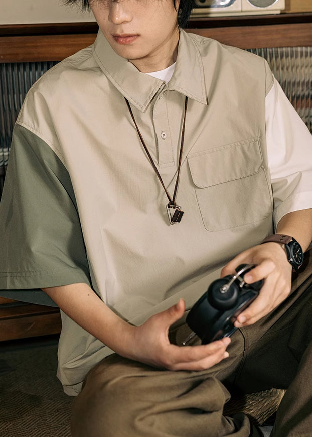 Patchwork Shirts Button Cotton Loose Mens Khaki Polo Asymmetrical