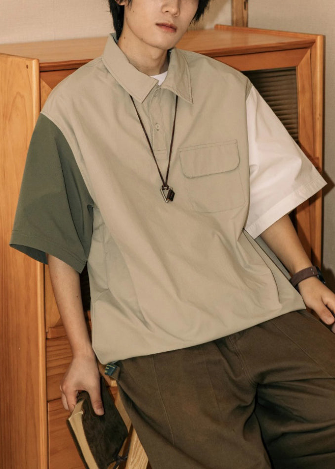 Patchwork Shirts Button Cotton Loose Mens Khaki Polo Asymmetrical