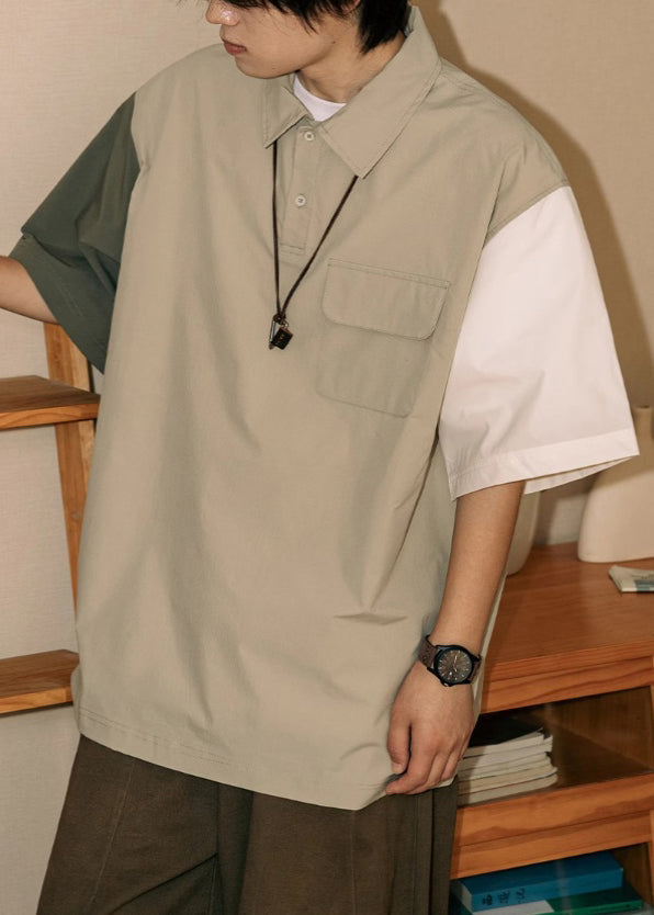 Patchwork Shirts Button Cotton Loose Mens Khaki Polo Asymmetrical