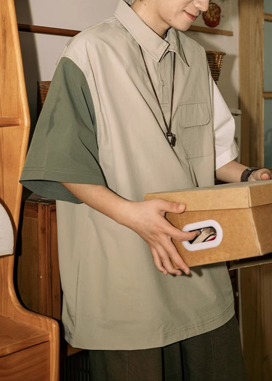 Patchwork Shirts Button Cotton Loose Mens Khaki Polo Asymmetrical