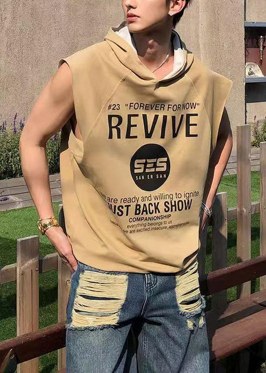 Cotton Mens Sleeveless Hooded Letter Loose Tanks Khaki