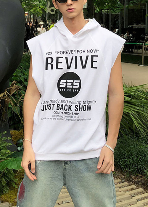 Cotton Mens Sleeveless Hooded Letter Loose Tanks Khaki