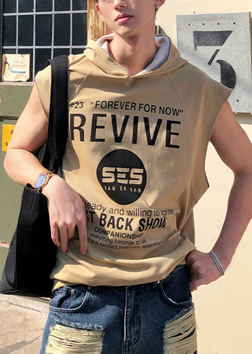 Cotton Mens Sleeveless Hooded Letter Loose Tanks Khaki