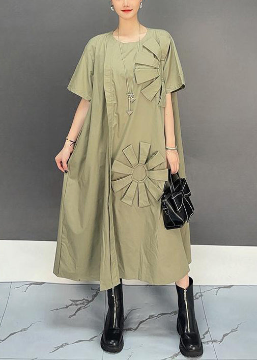 Loose Khaki O Neck Solid Patchwork Cotton Dress Summer