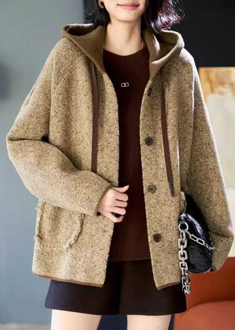 Coats Spring Patchwork Loose Khaki Pockets Woolen Hooded Button