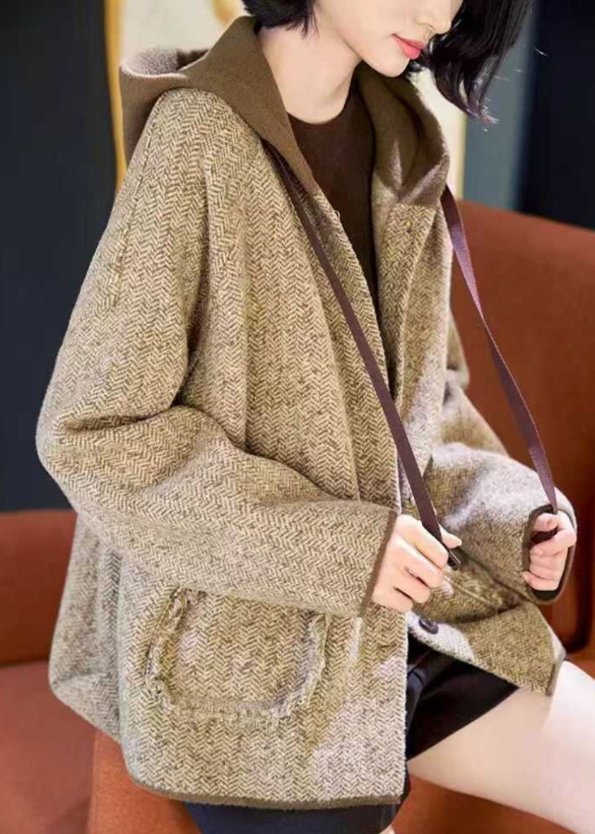 Coats Spring Patchwork Loose Khaki Pockets Woolen Hooded Button