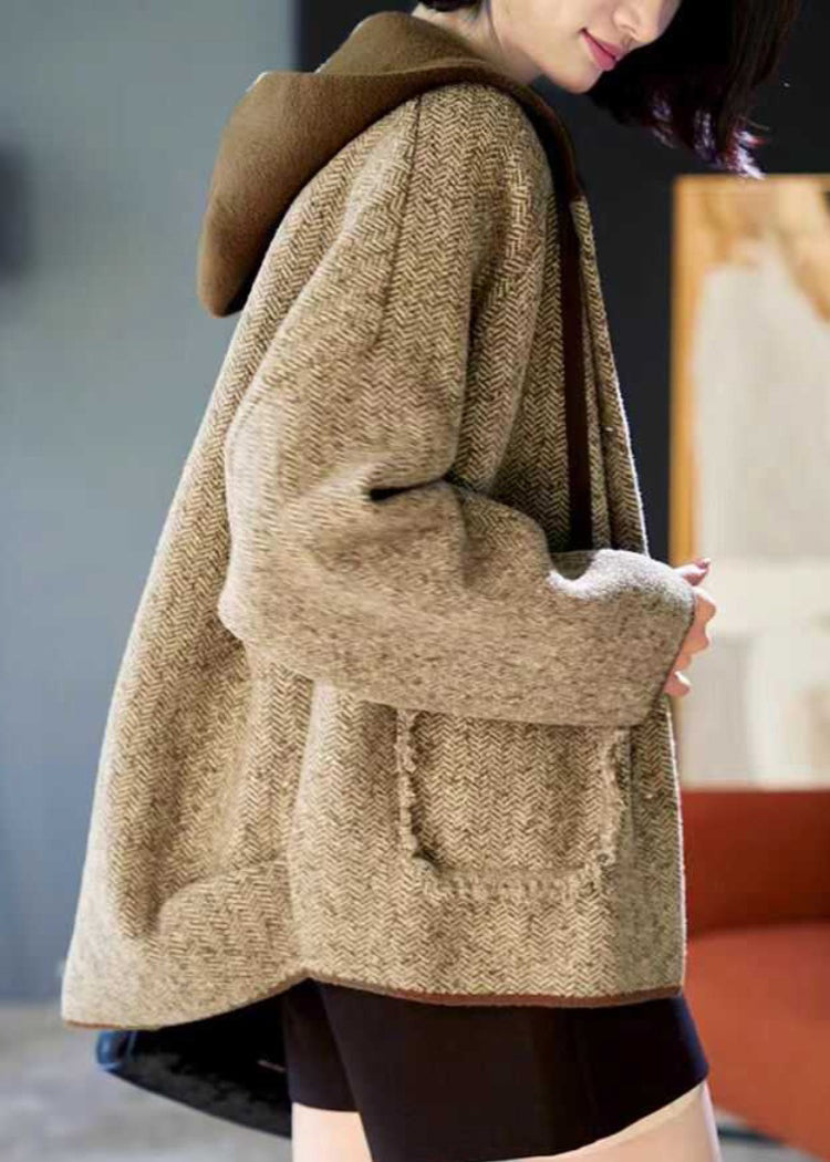 Coats Spring Patchwork Loose Khaki Pockets Woolen Hooded Button