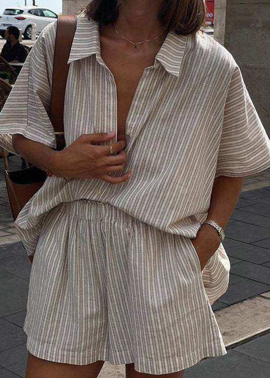 Peter Khaki Pieces Collar Loose Shirts Pan Two Shorts Striped And